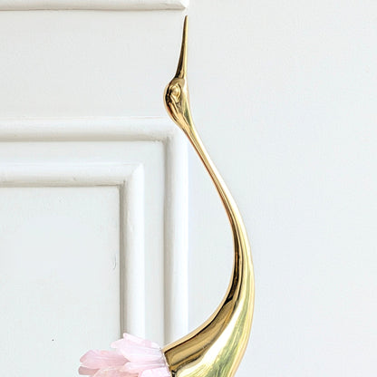 Ardea pink agate and gold-toned metal bird showpiece with upward-reaching neck — sculptural detail