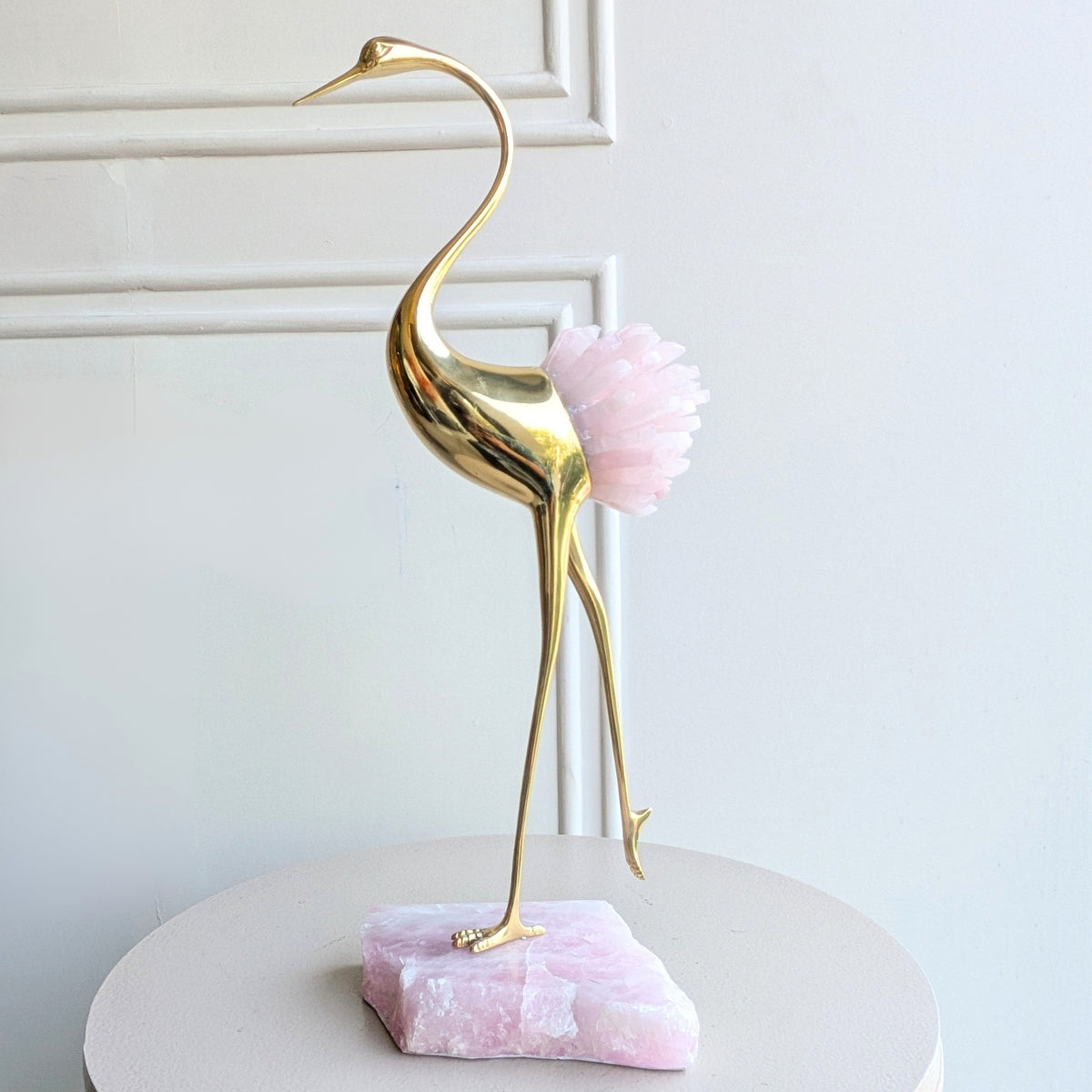 Ardea pink agate and gold-toned metal bird showpiece with curved neck — full product view