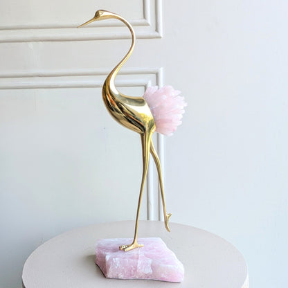 Ardea pink agate and gold-toned metal bird showpiece with curved neck — full product view