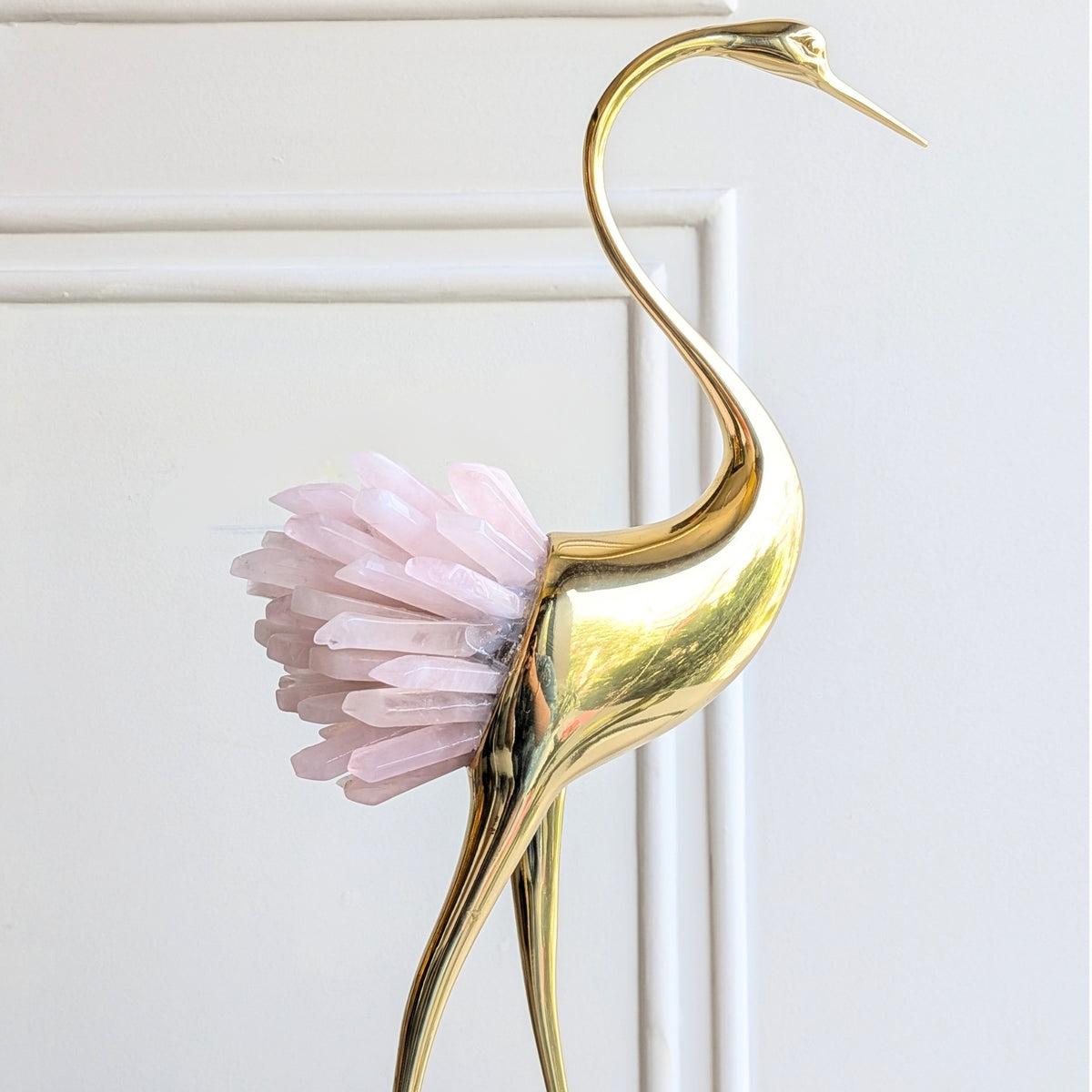 Ardea pink agate and gold-toned metal bird showpiece with curved neck — sculptural detail