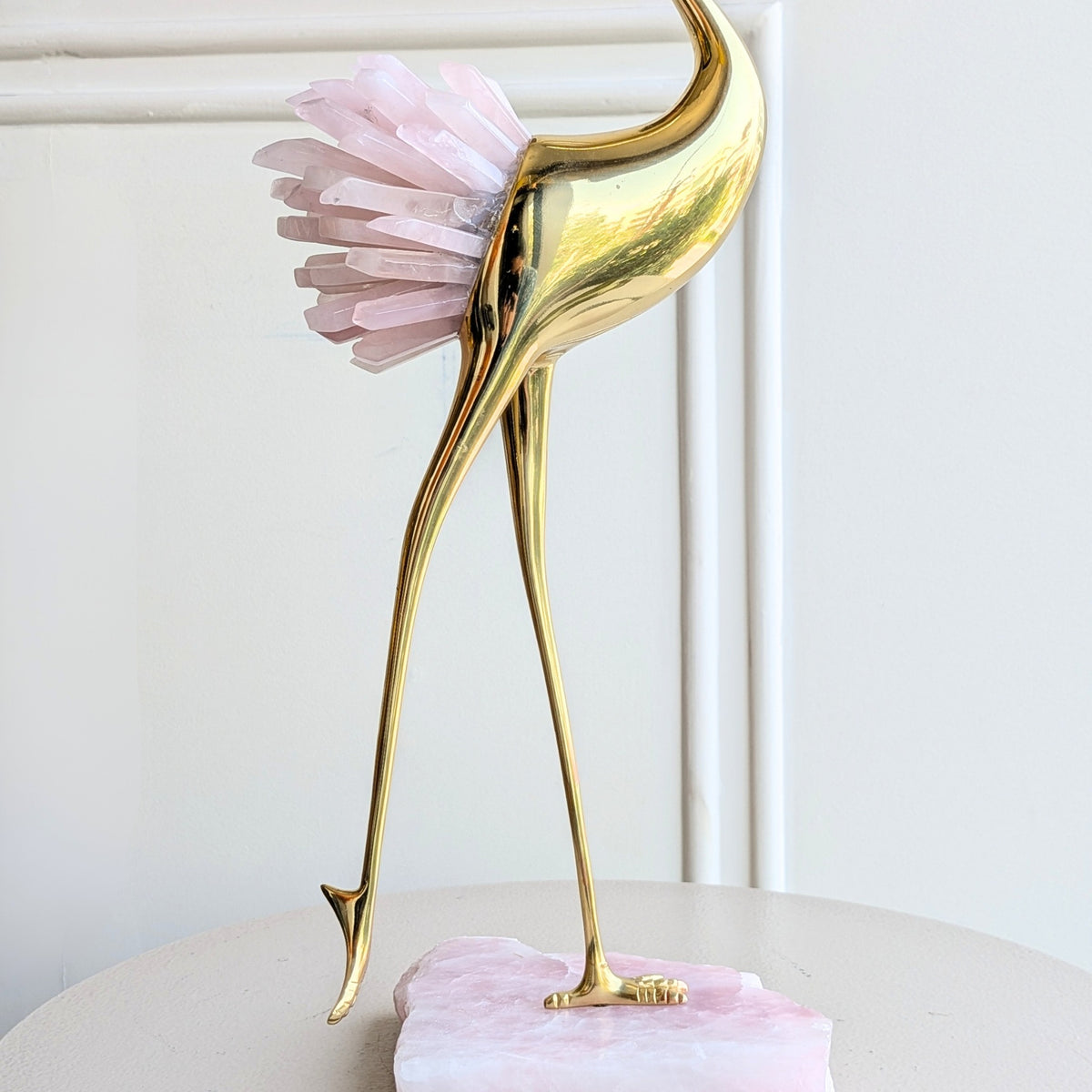 Ardea pink agate and gold-toned metal bird showpiece with curved neck — sculptural detail