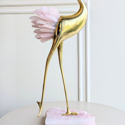 Ardea pink agate and gold-toned metal bird showpiece with curved neck — sculptural detail