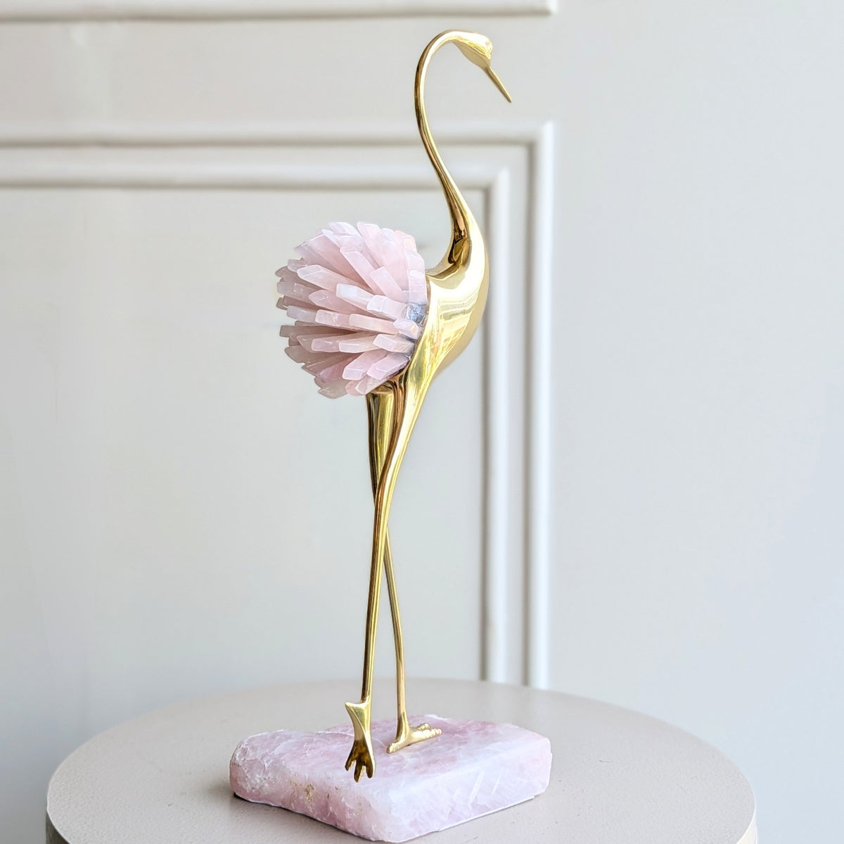 Ardea pink agate and gold-toned metal bird showpiece with curved neck — full product view
