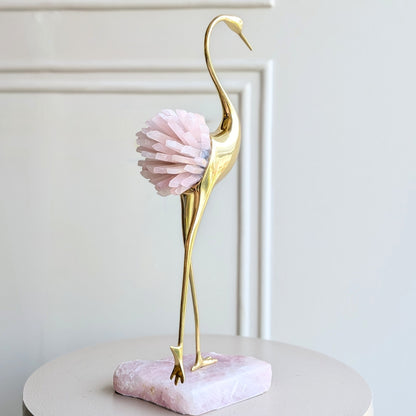 Ardea pink agate and gold-toned metal bird showpiece with curved neck — full product view