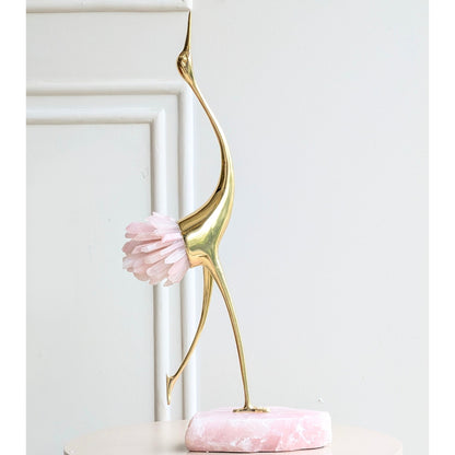 Ardea pink agate and gold-toned metal bird showpiece with upward-reaching neck — full product view