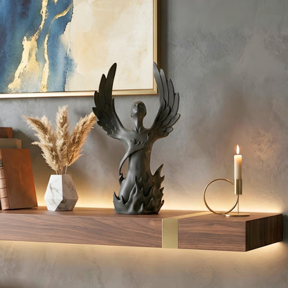 Ascend winged figurine styled on a floating console with decorative accents