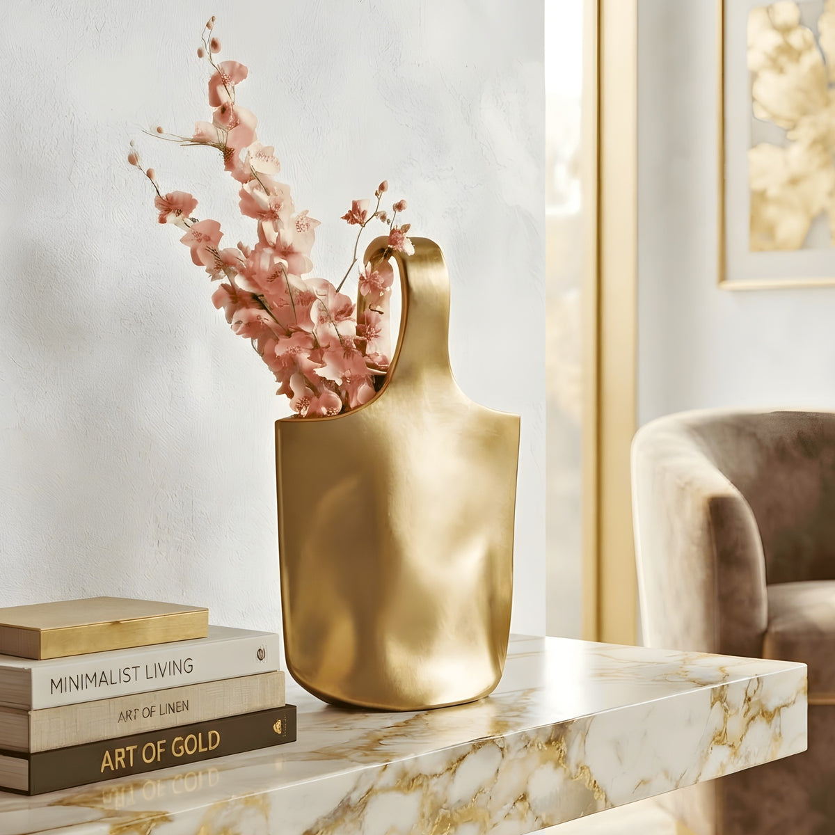 Aurea gold ceramic table vase styled with pink flowers on a luxury console