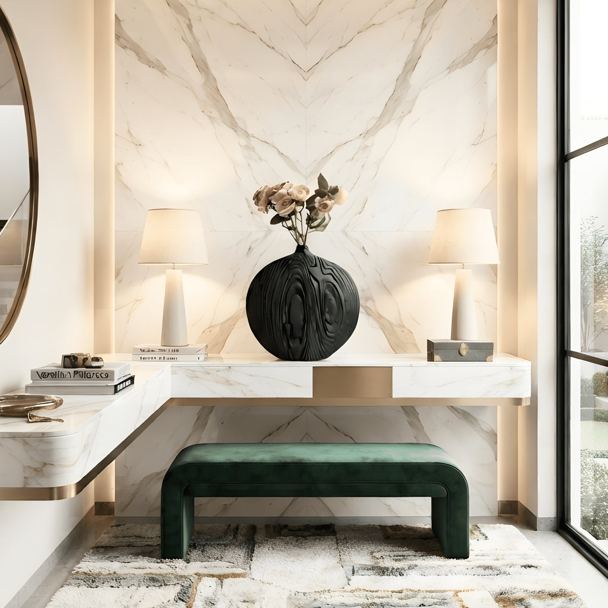 Large black textured ceramic vase on a marble foyer console between contemporary lamps