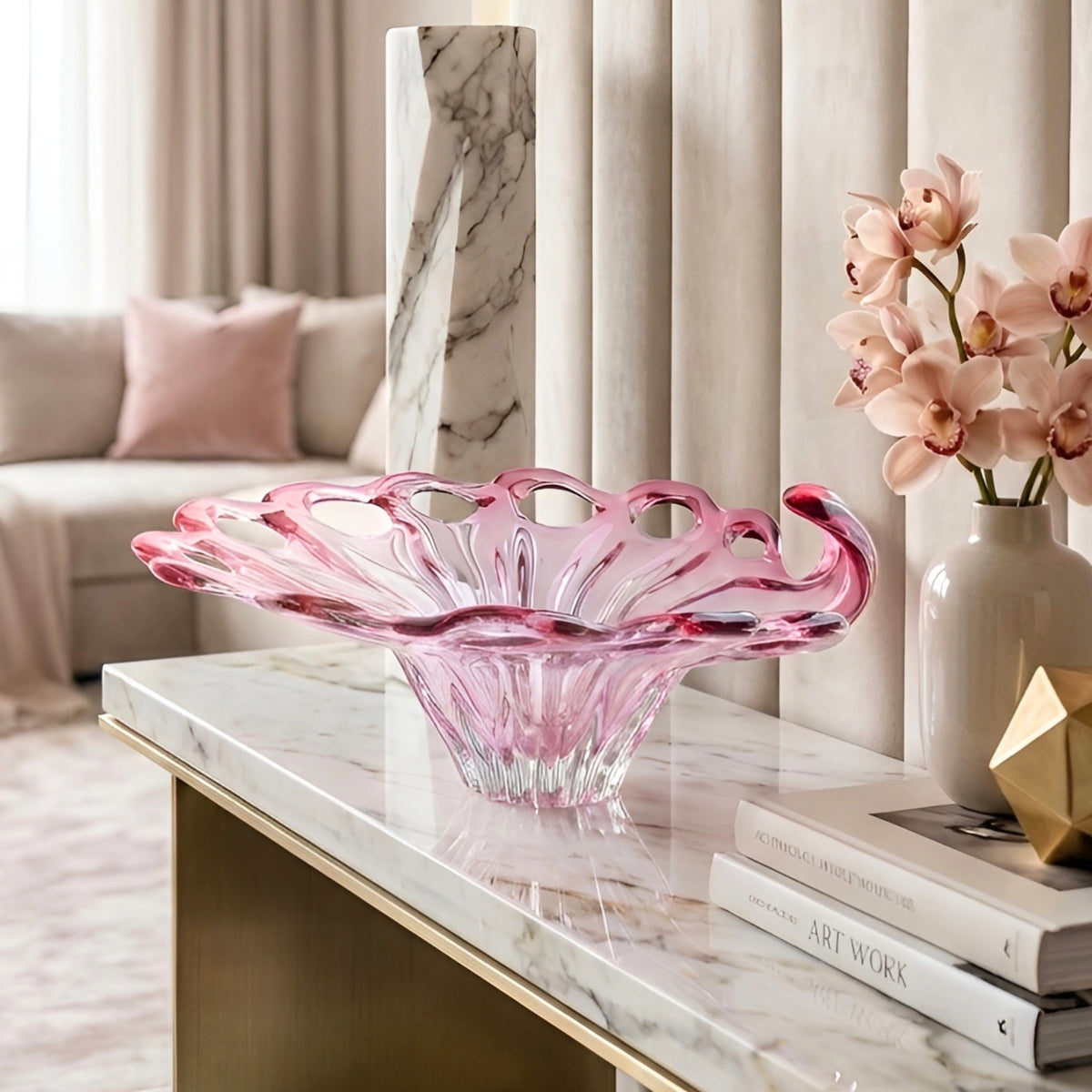 Bloom pink crystal glass decorative bowl styled on a console table