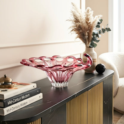 Bloom pink crystal decorative bowl styled on a black sideboard