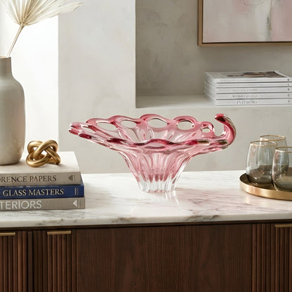 Bloom pink crystal glass bowl styled in a modern living room