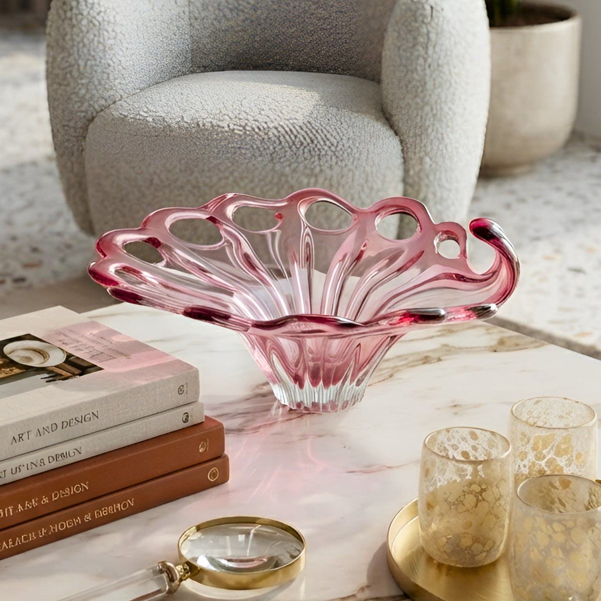 Bloom pink crystal decorative bowl styled on a centre table