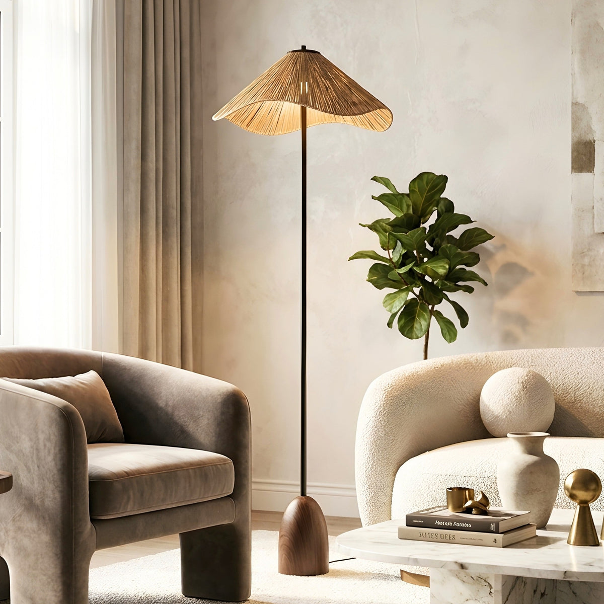 Canopy designer floor lamp styled between lounge chairs in a modern living room