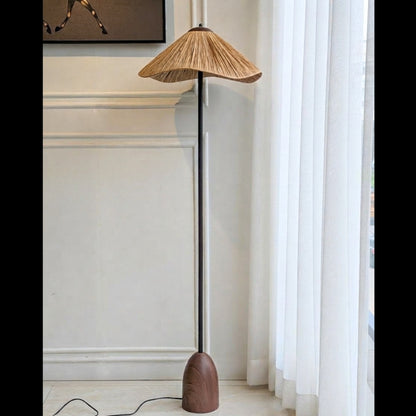 Canopy tall floor lamp full view with wood-toned base, slim black stem and wide flared shade