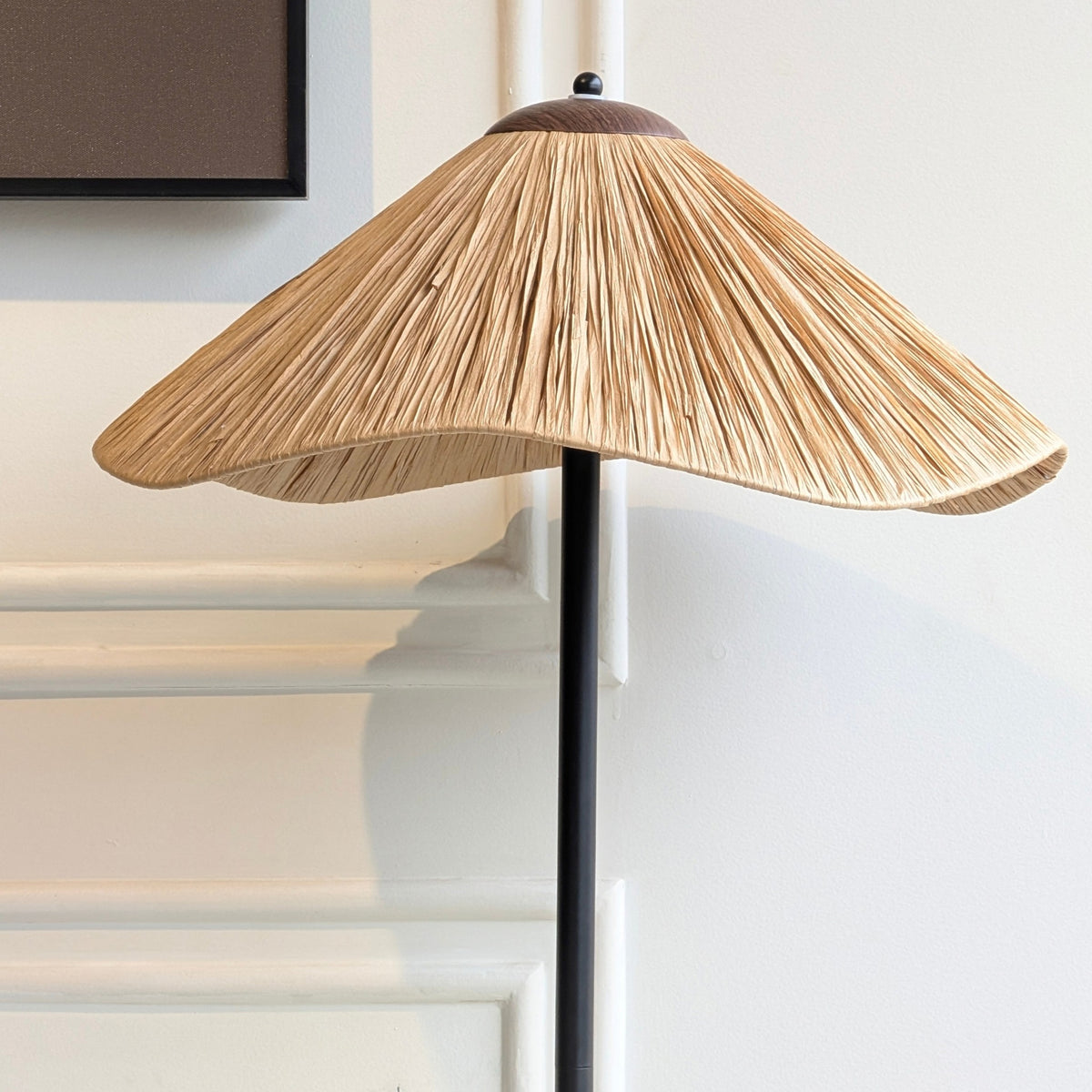 Close-up of the Canopy lamp's softly flared textured shade and black stem