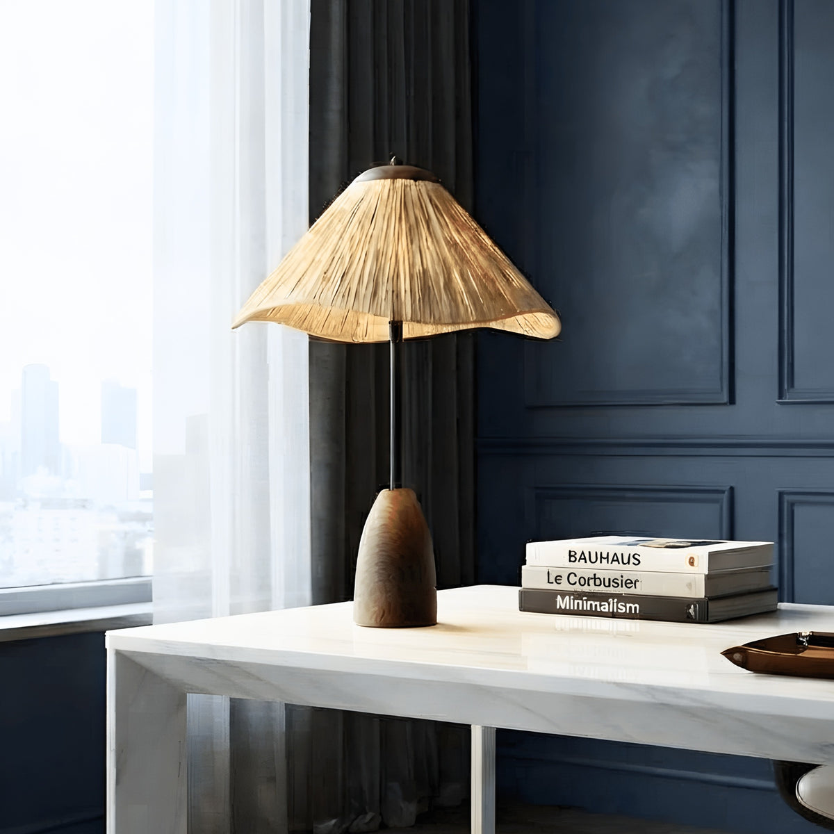 Canopy table lamp glowing on a console against a deep blue interior wall