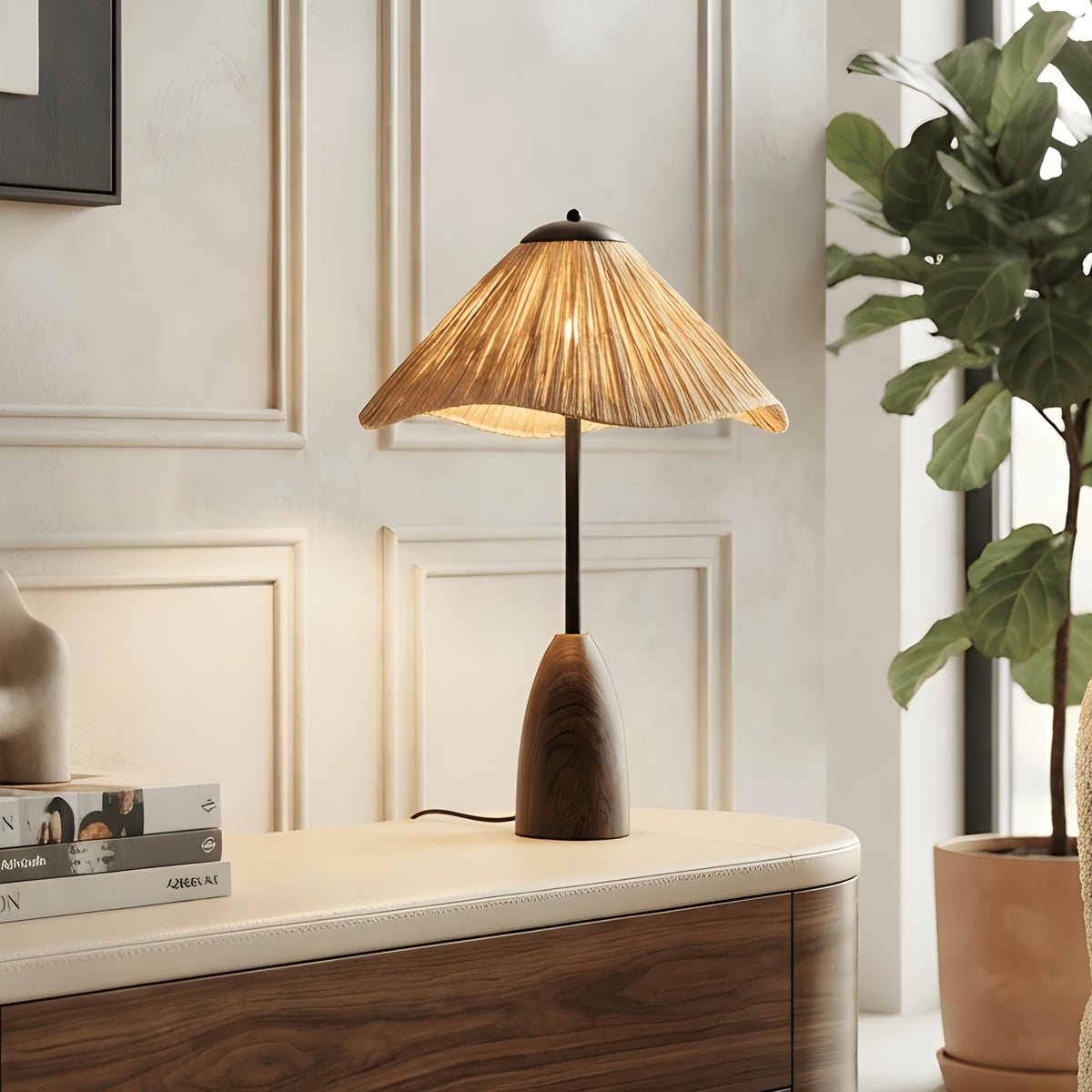 Canopy compact table lamp with warm shade styled on a modern console