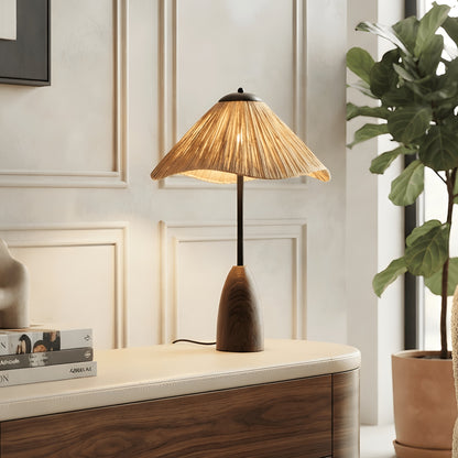 Canopy compact table lamp with warm shade styled on a modern console