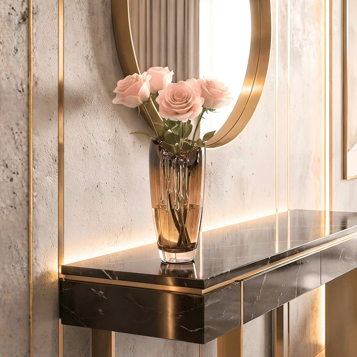 Cascade amber crystal vase with pink roses on a luxury console table