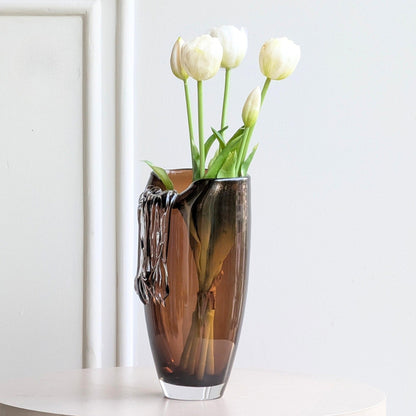 Cascade amber crystal vase styled with white flowers, side view