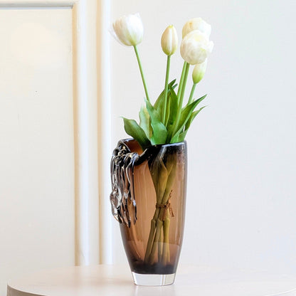 Cascade amber crystal vase styled with white tulips for premium home decor
