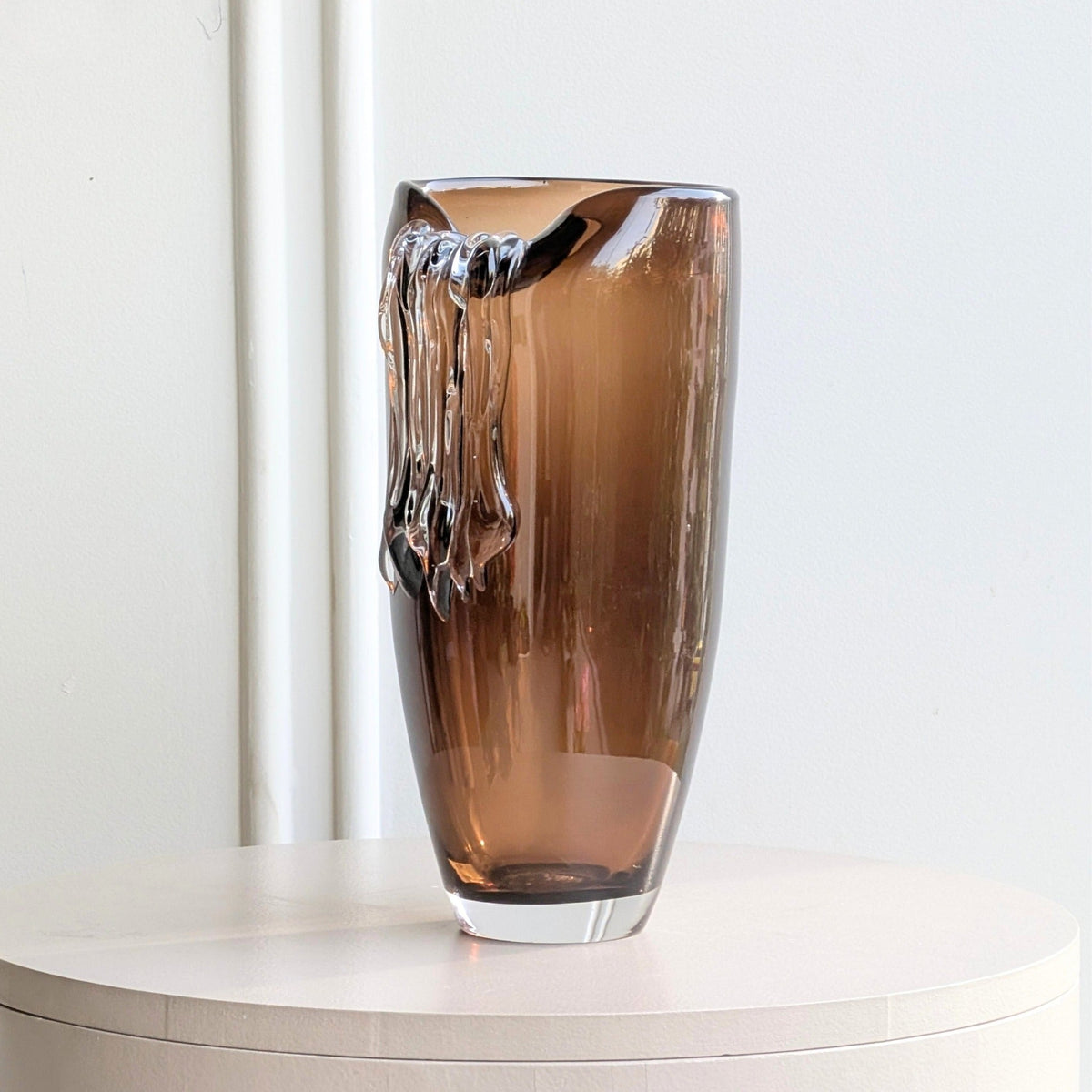 Cascade large amber crystal table vase with clear sculptural detail