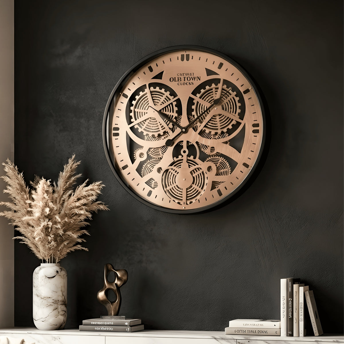 Chronicle vintage gear wall clock styled above a console in a modern living room