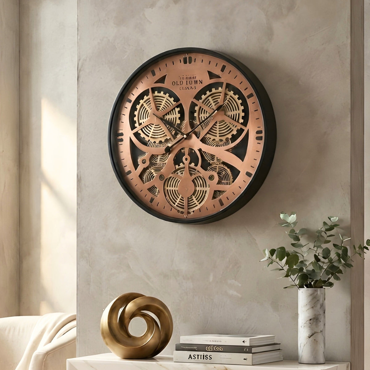 Chronicle designer gear wall clock styled in a neutral modern interior