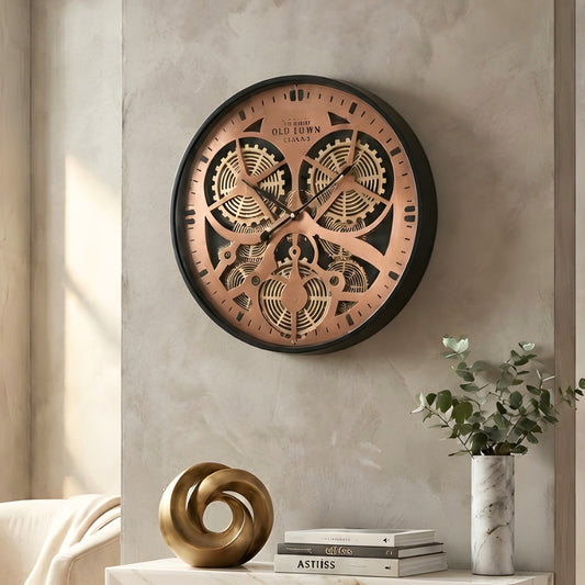 Chronicle designer gear wall clock styled in a neutral modern interior