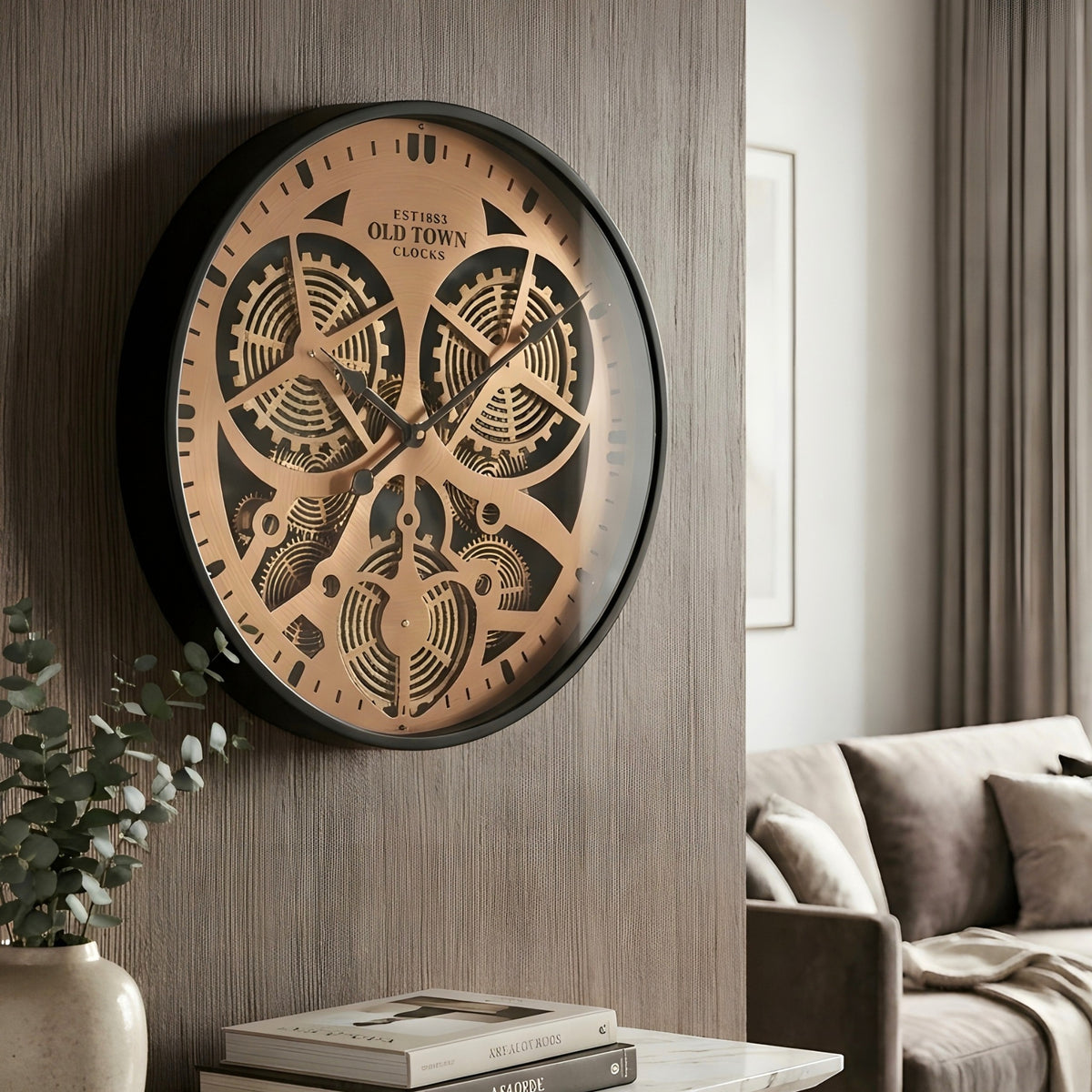 Chronicle black and bronze vintage gear wall clock shown from the side