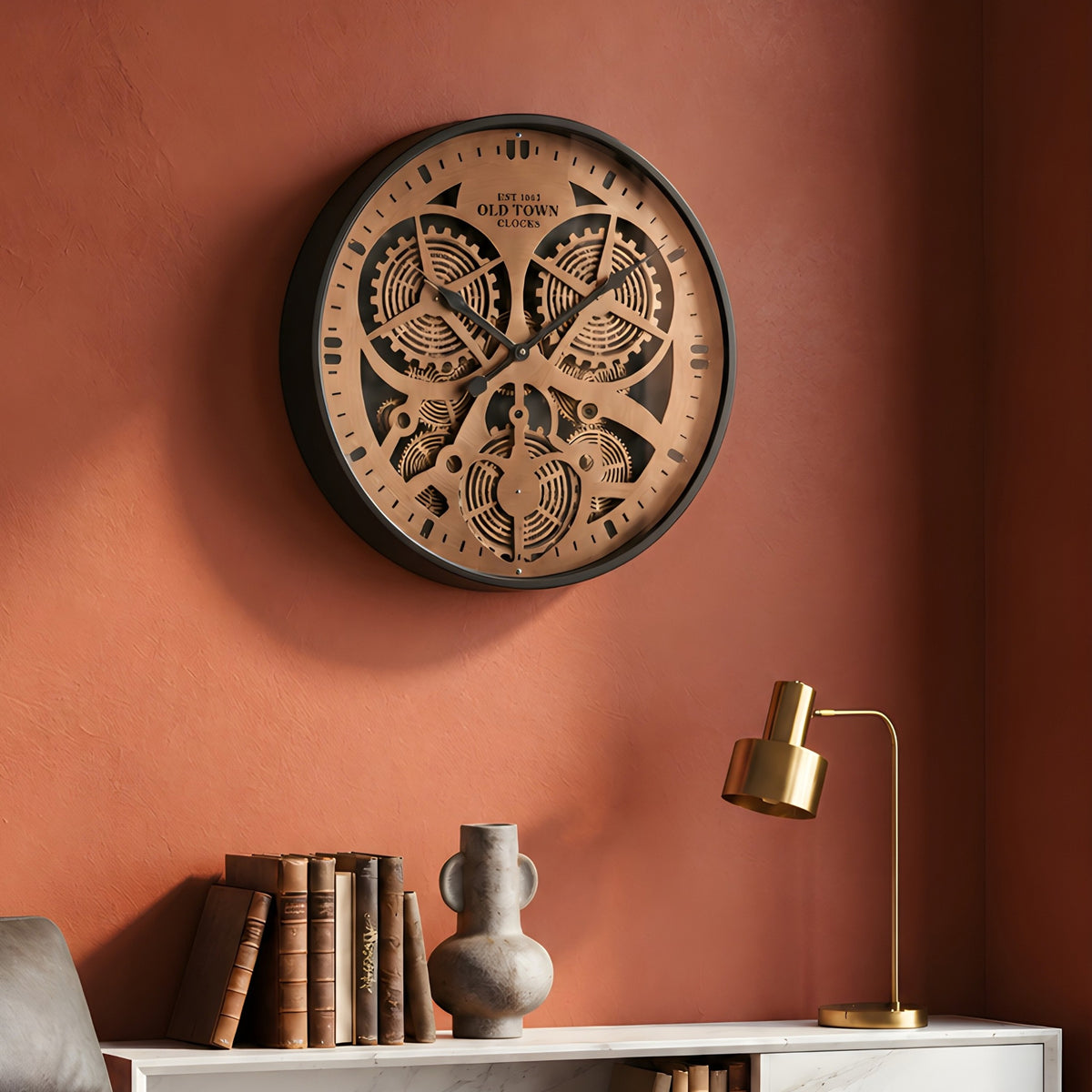 Chronicle designer gear wall clock styled in a warm study interior