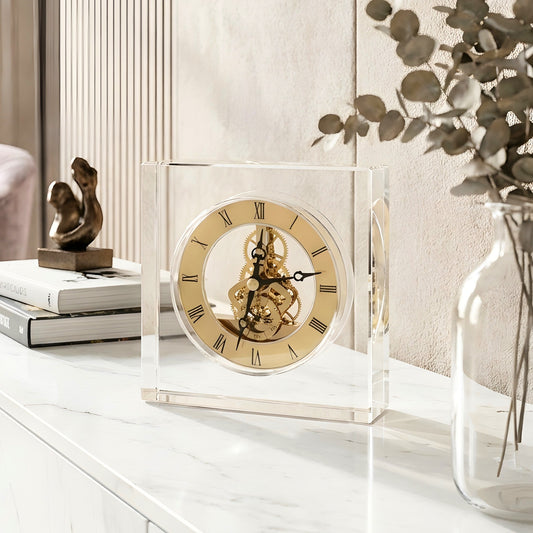Chronos crystal and metal table clock with Roman numerals and gold-tone gear detailing for luxury study desks and consoles, view 1