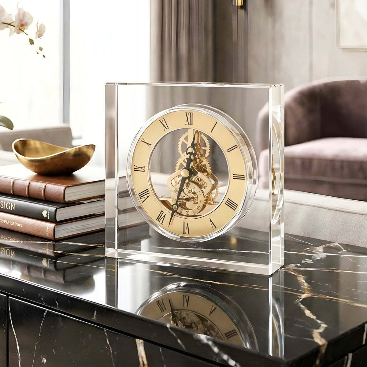 Chronos crystal and metal table clock with Roman numerals and gold-tone gear detailing for luxury study desks and consoles, view 2