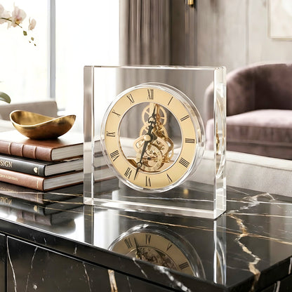 Chronos crystal and metal table clock with Roman numerals and gold-tone gear detailing for luxury study desks and consoles, view 2