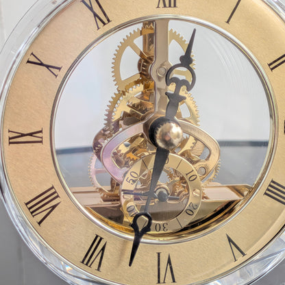 Chronos crystal and metal table clock with Roman numerals and gold-tone gear detailing for luxury study desks and consoles, view 3