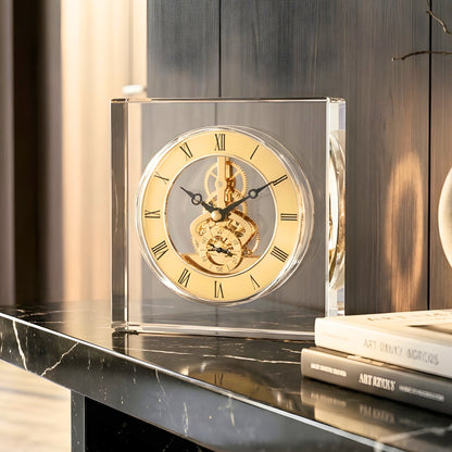 Chronos crystal and metal table clock with Roman numerals and gold-tone gear detailing for luxury study desks and consoles, view 4