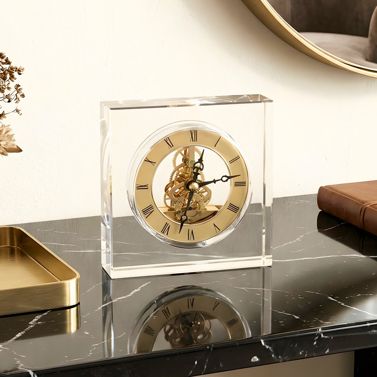 Chronos crystal and metal table clock with Roman numerals and gold-tone gear detailing for luxury study desks and consoles, view 5