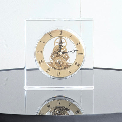 Chronos crystal and metal table clock with Roman numerals and gold-tone gear detailing for luxury study desks and consoles, view 6
