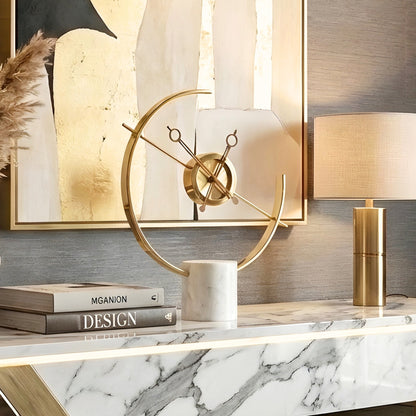 Chronos sculptural table clock styled on a marble console in a modern interior
