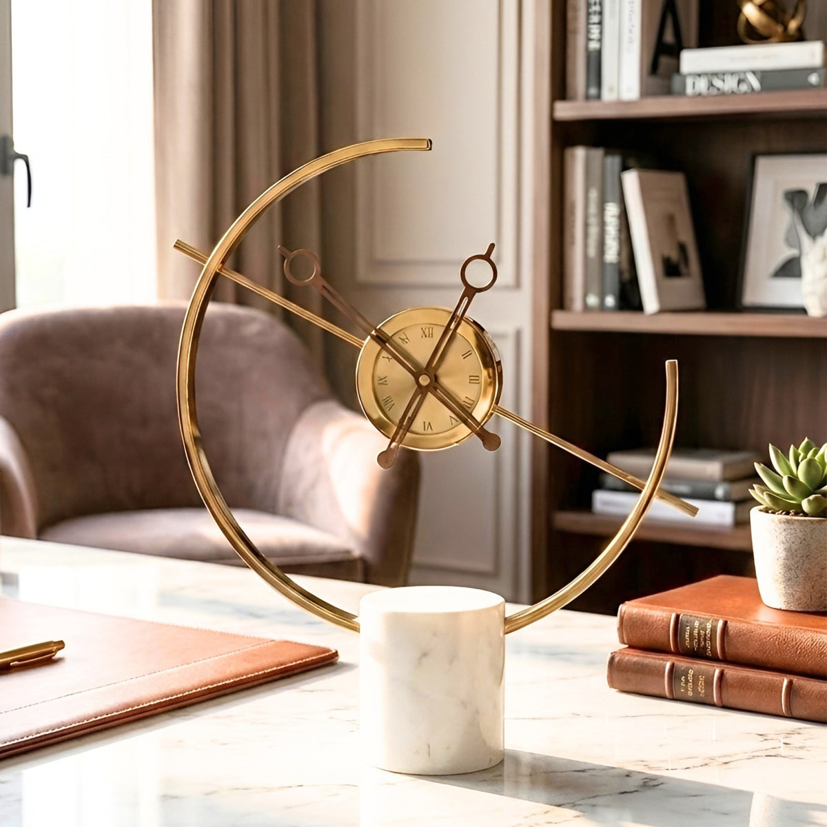 Chronos marble and metal table clock styled in a home office