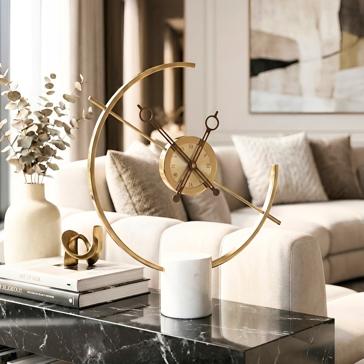 Chronos sculptural table clock styled on a living room console