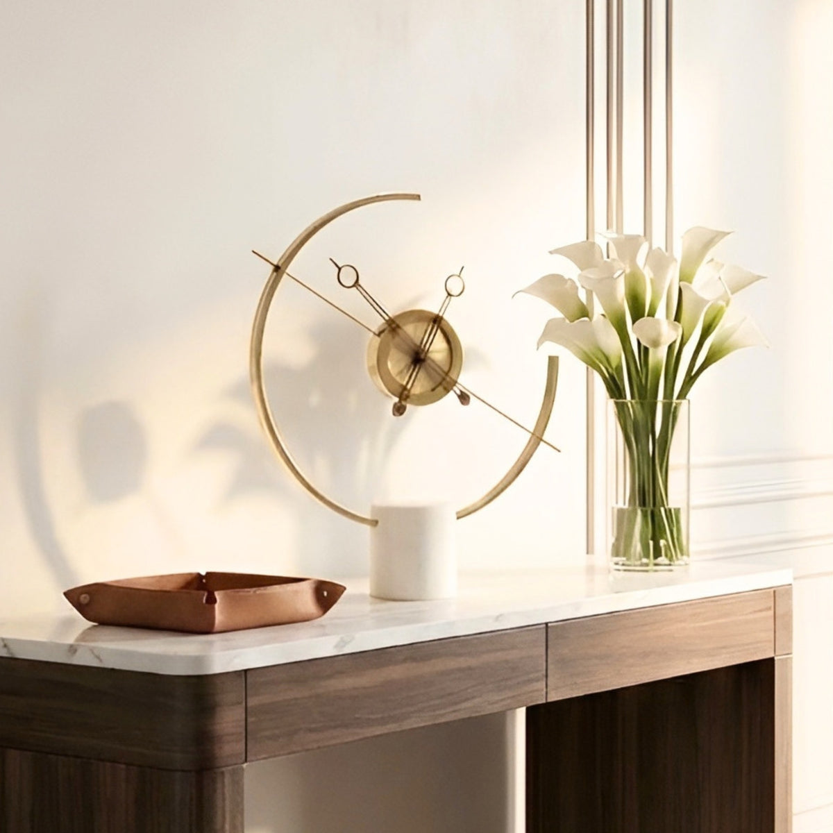 Chronos marble and metal table clock styled on an entryway console