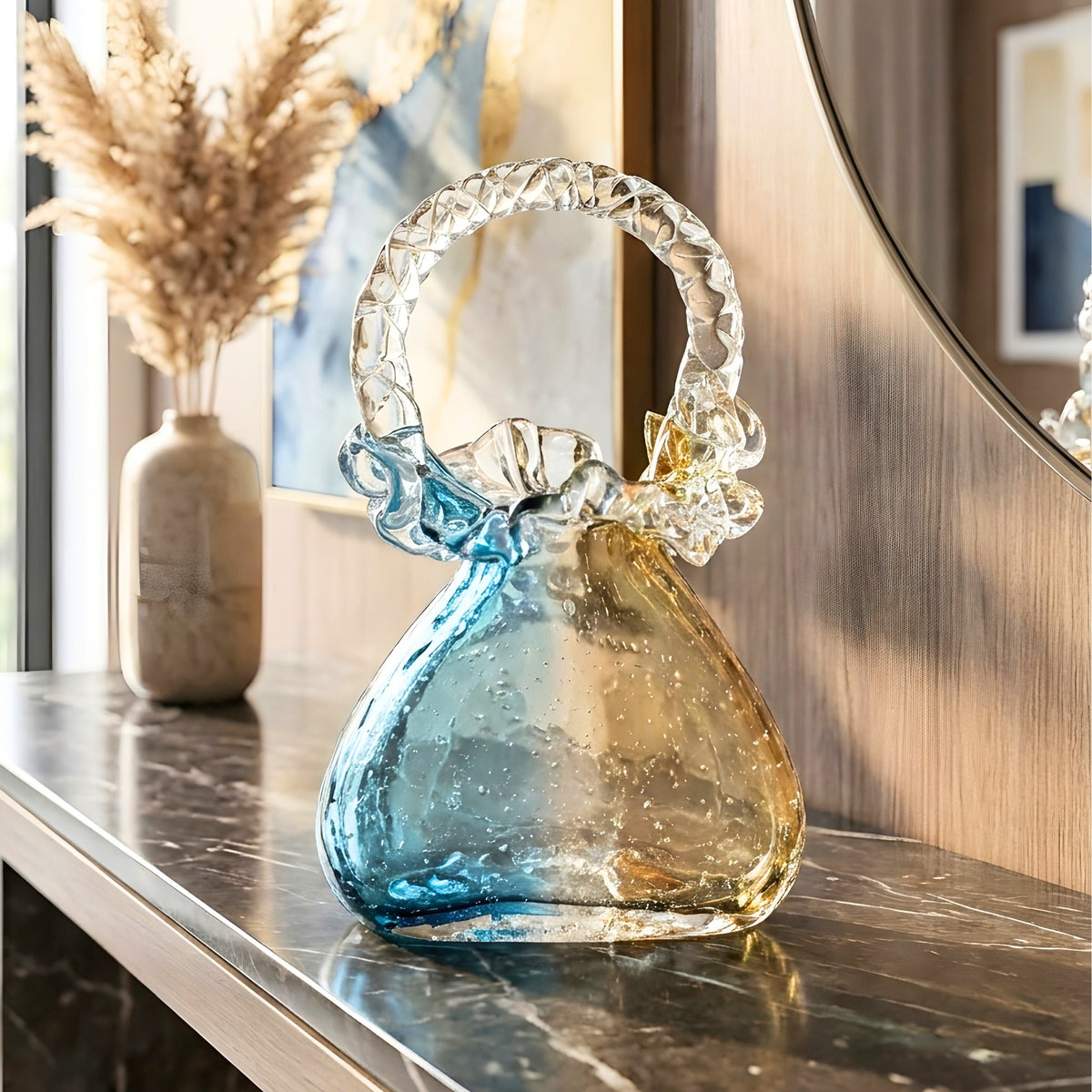 Couture blue-gold crystal handbag showpiece styled on a console