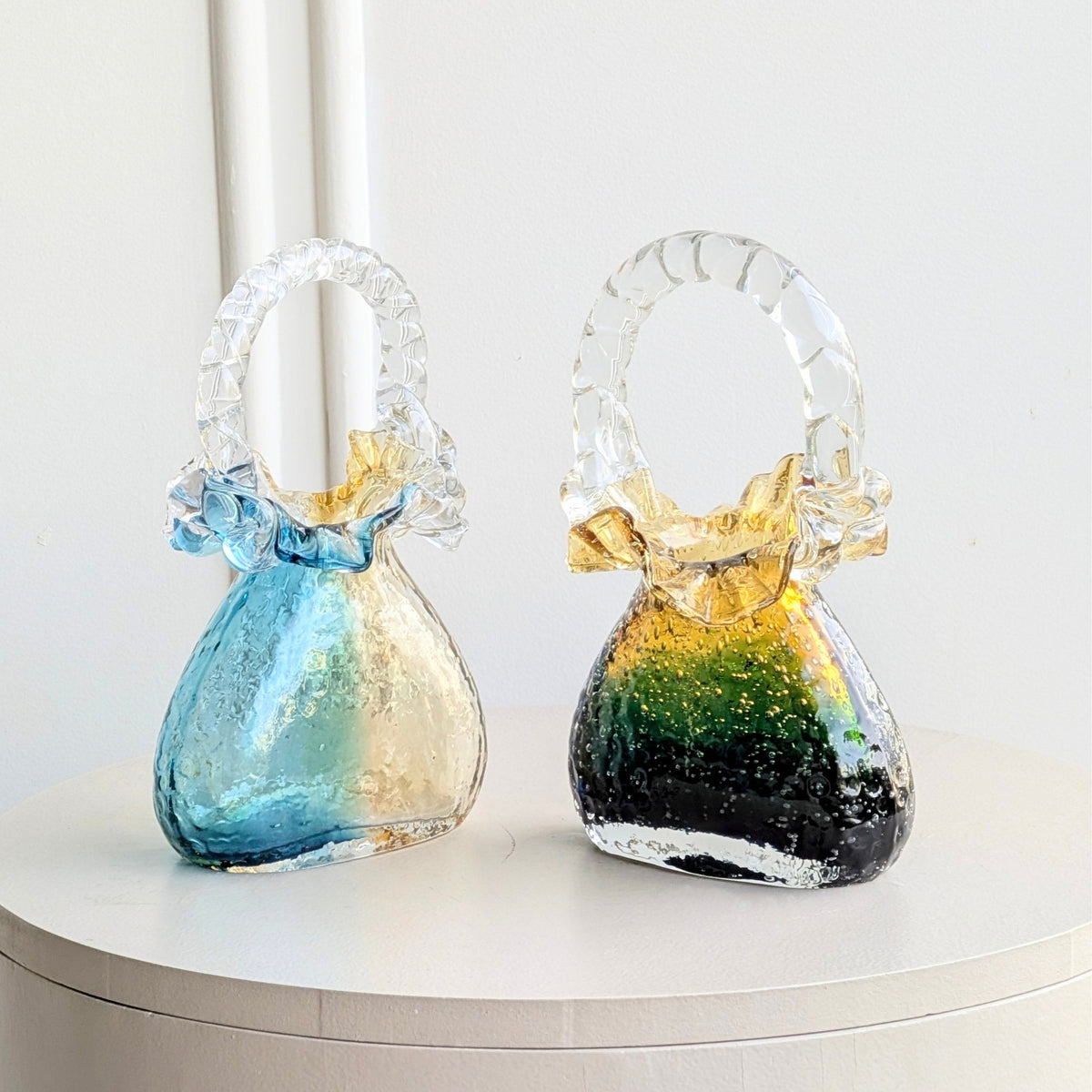 Couture crystal handbag showpieces in blue-gold and green-gold, product view