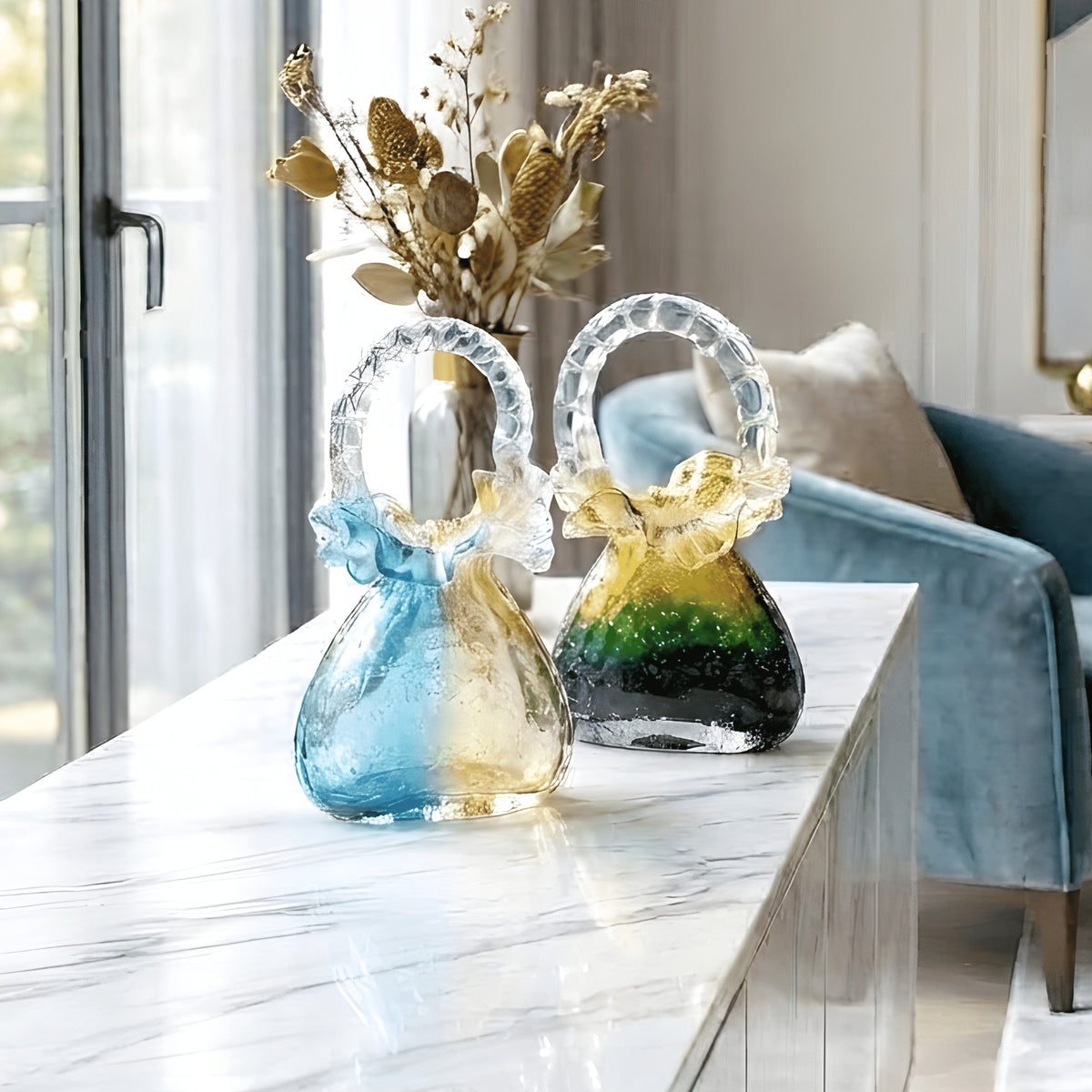Couture blue-gold and green-gold crystal handbag showpieces in a modern living room