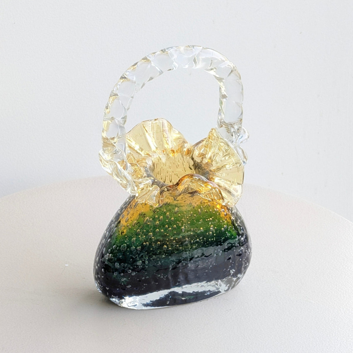 Couture green-gold crystal handbag showpiece, angled product view