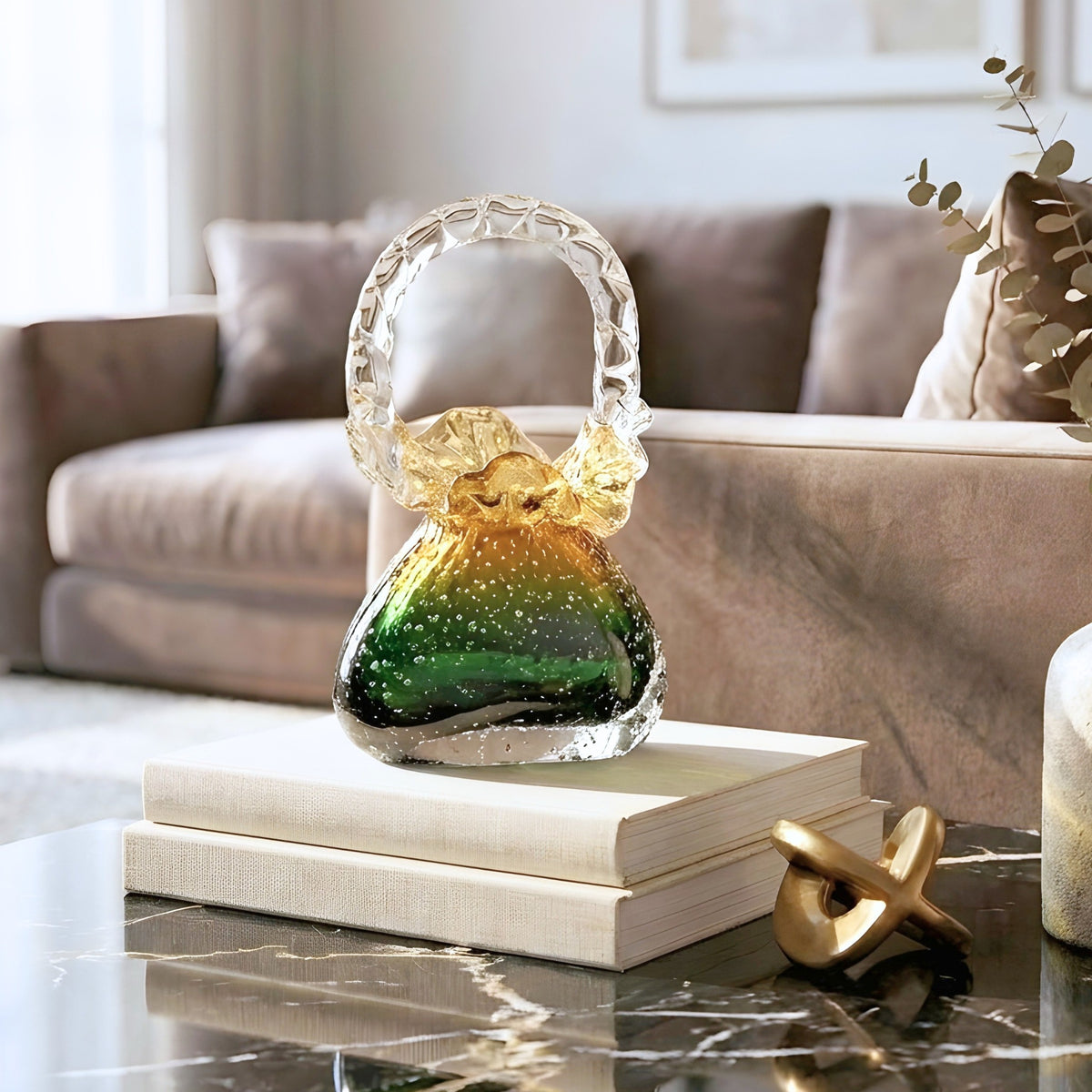 Couture green-gold crystal handbag showpiece styled on decorative books