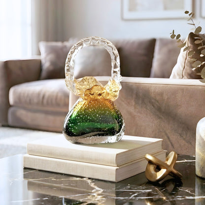 Couture green-gold crystal handbag showpiece styled on decorative books