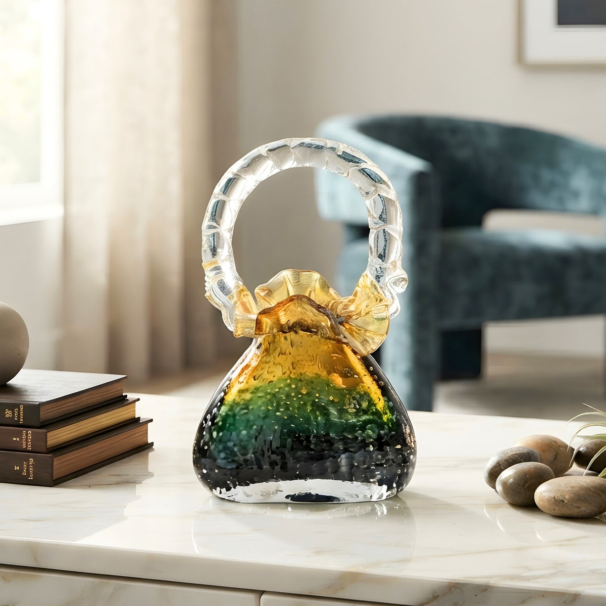 Couture green-gold crystal handbag showpiece styled on a console table