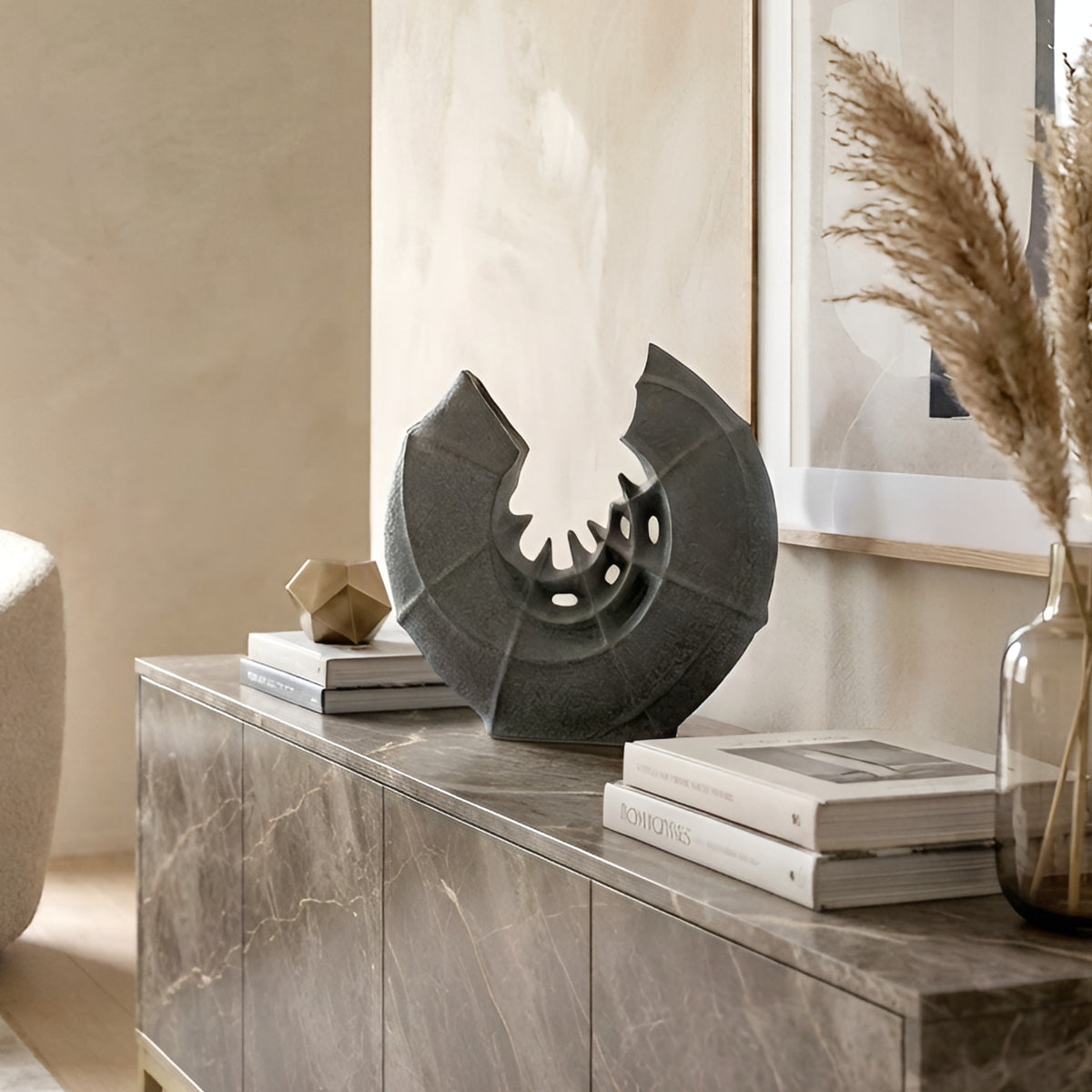Crescent ceramic vase and showpiece in a contemporary interior